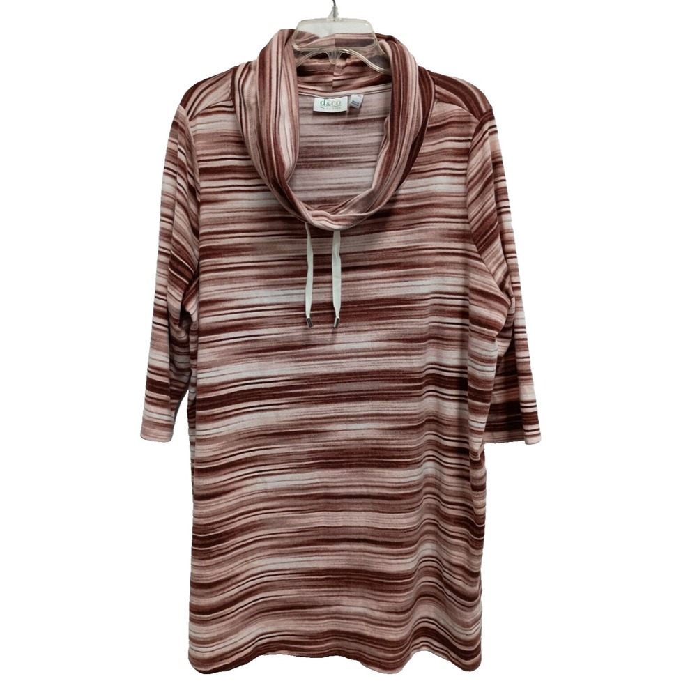 Denim&Co Active Tunic Top Womens Size 2X Brown 3/4 Sleeve Soft Striped Cowl Neck